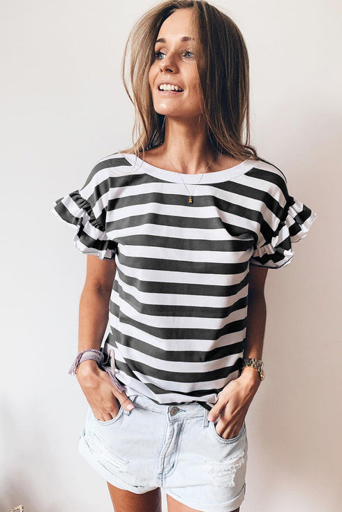 Striped V Neck Ruffle Sleeve Top